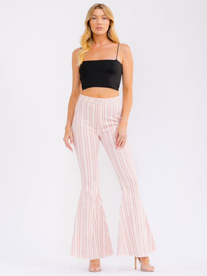 WOMEN'S BUTTON CLOSURE POCKETS BELL LEG STRETCH DENIM STRIPES PANTS