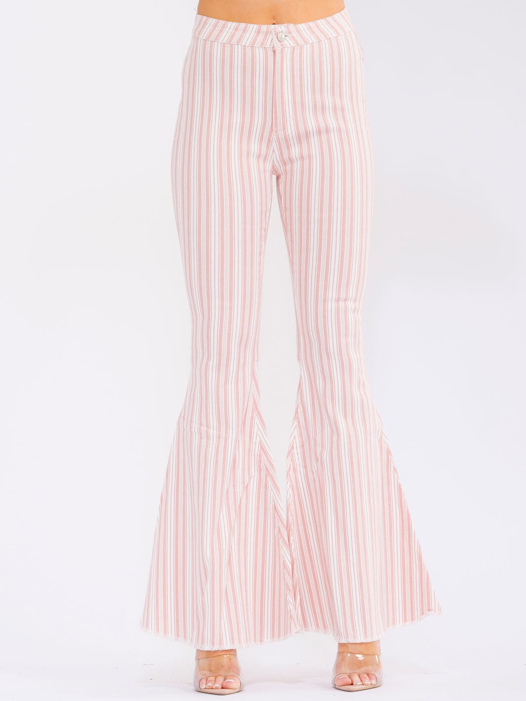 WOMEN'S BUTTON CLOSURE POCKETS BELL LEG STRETCH DENIM STRIPES PANTS