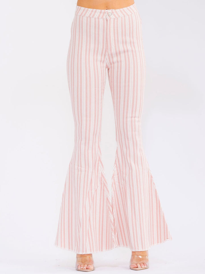 WOMEN'S BUTTON CLOSURE POCKETS BELL LEG STRETCH DENIM STRIPES PANTS