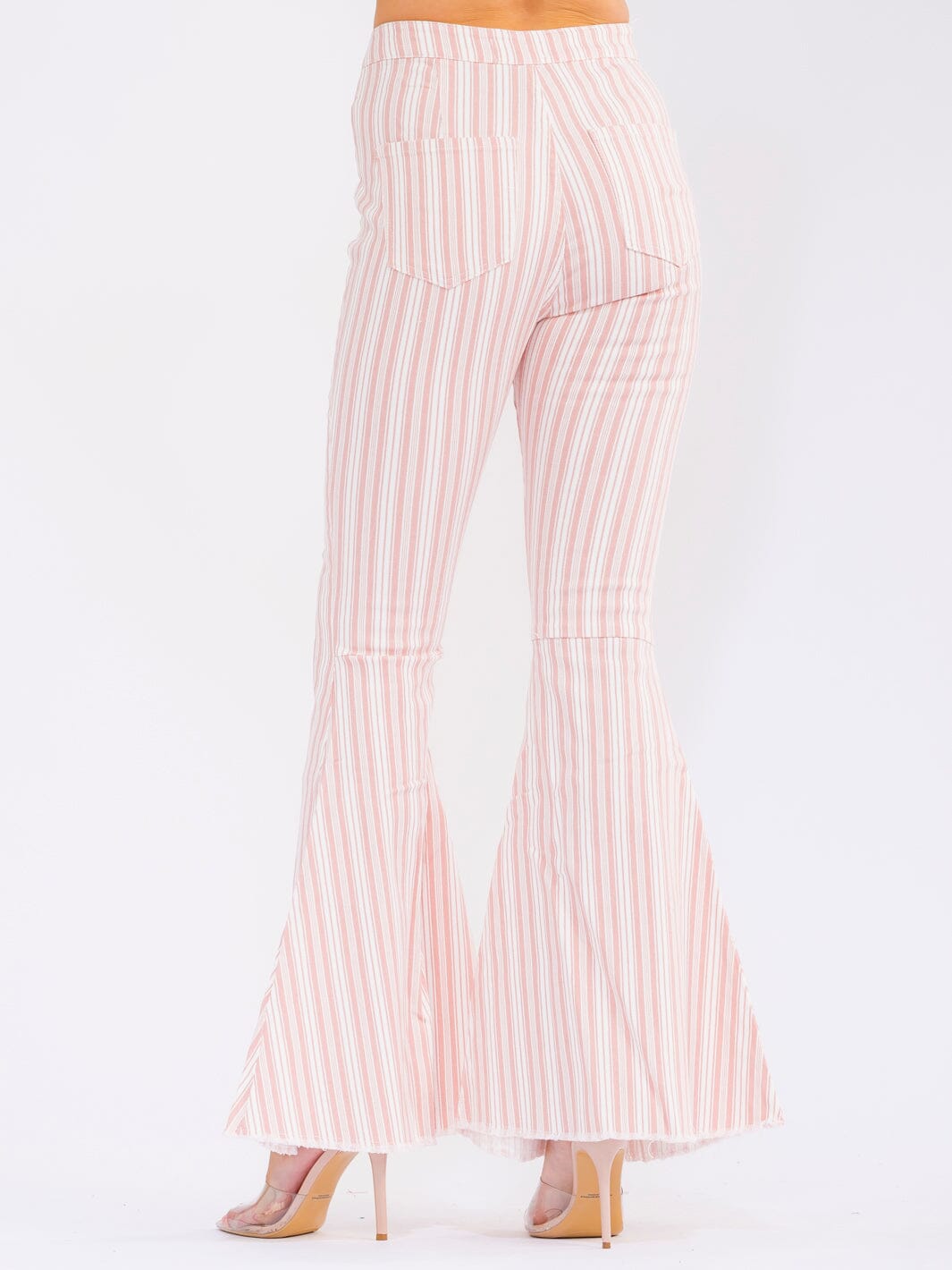 WOMEN'S BUTTON CLOSURE POCKETS BELL LEG STRETCH DENIM STRIPES PANTS