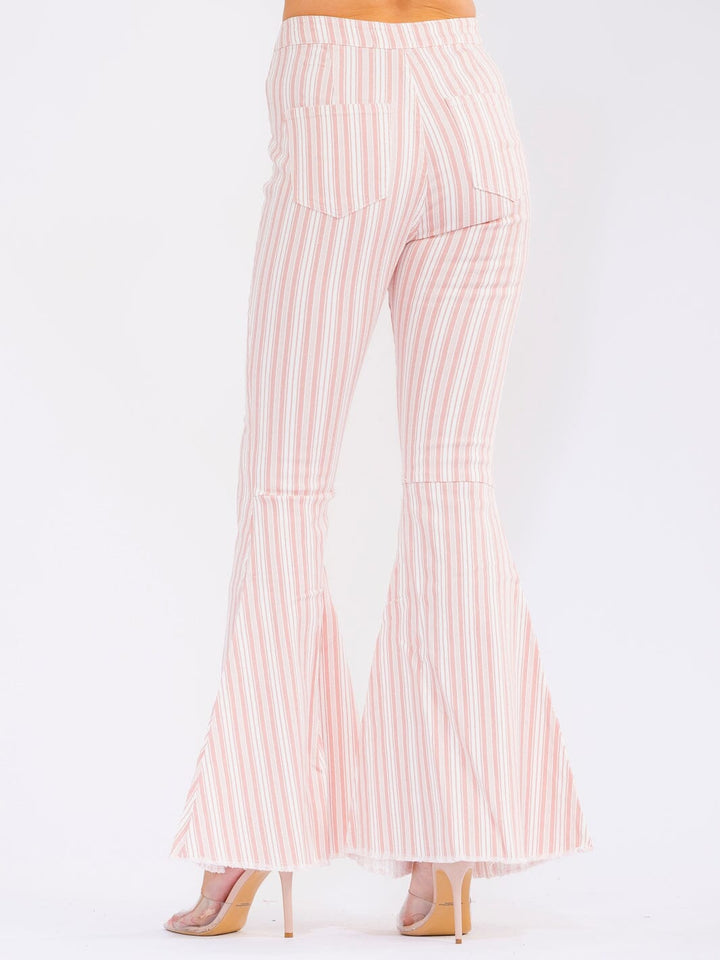 WOMEN'S BUTTON CLOSURE POCKETS BELL LEG STRETCH DENIM STRIPES PANTS