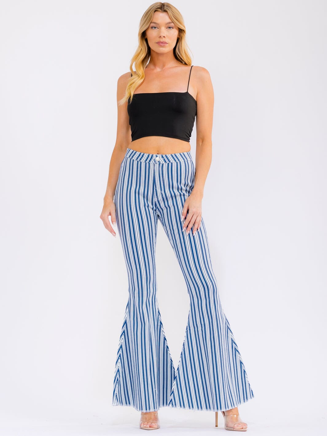 WOMEN'S BUTTON CLOSURE POCKETS BELL LEG STRETCH DENIM STRIPES PANTS