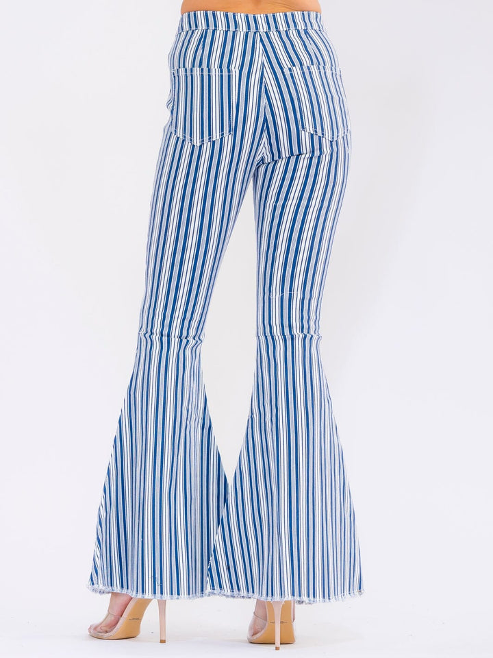 WOMEN'S BUTTON CLOSURE POCKETS BELL LEG STRETCH DENIM STRIPES PANTS