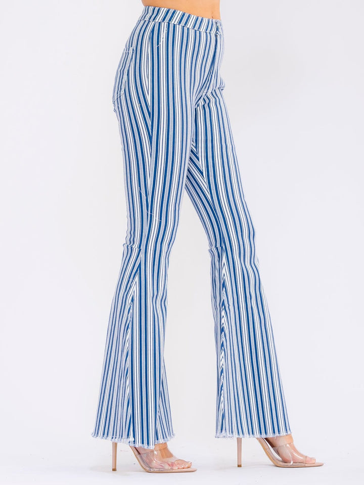 WOMEN'S BUTTON CLOSURE POCKETS BELL LEG STRETCH DENIM STRIPES PANTS