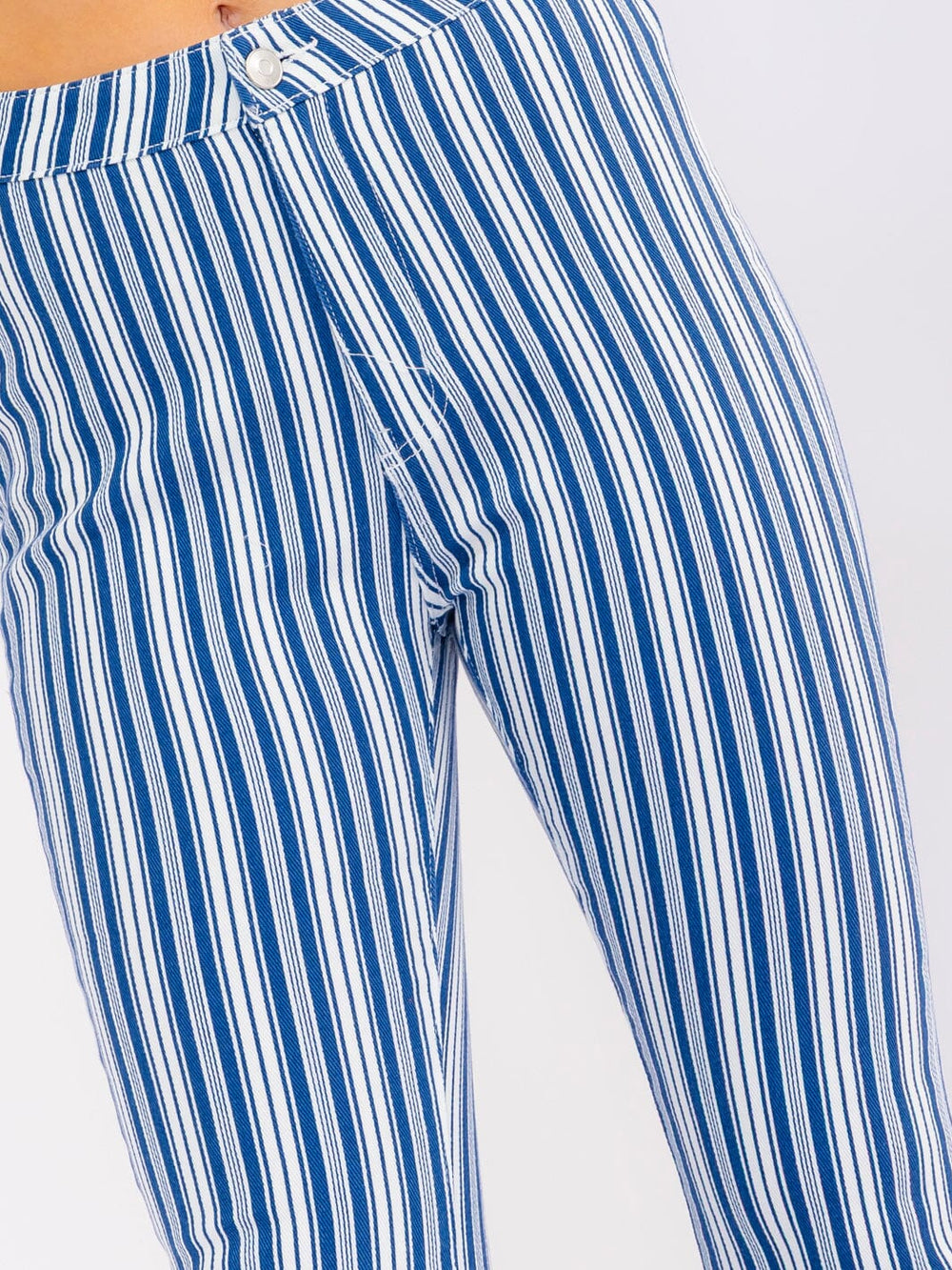WOMEN'S BUTTON CLOSURE POCKETS BELL LEG STRETCH DENIM STRIPES PANTS