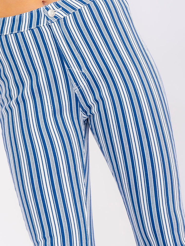 WOMEN'S BUTTON CLOSURE POCKETS BELL LEG STRETCH DENIM STRIPES PANTS