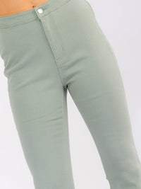 WOMEN'S BUTTON CLOSURE POCKETS BELL LEG STRETCH DENIM PANTS