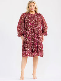 PLUS SIZE LONG SLEEVE LOOSE FIT FLORAL MIDI DRESS