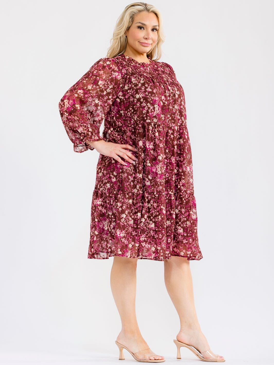 PLUS SIZE LONG SLEEVE LOOSE FIT FLORAL MIDI DRESS