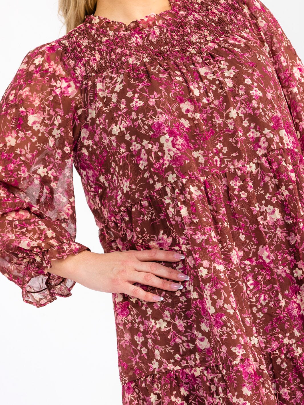 PLUS SIZE LONG SLEEVE LOOSE FIT FLORAL MIDI DRESS
