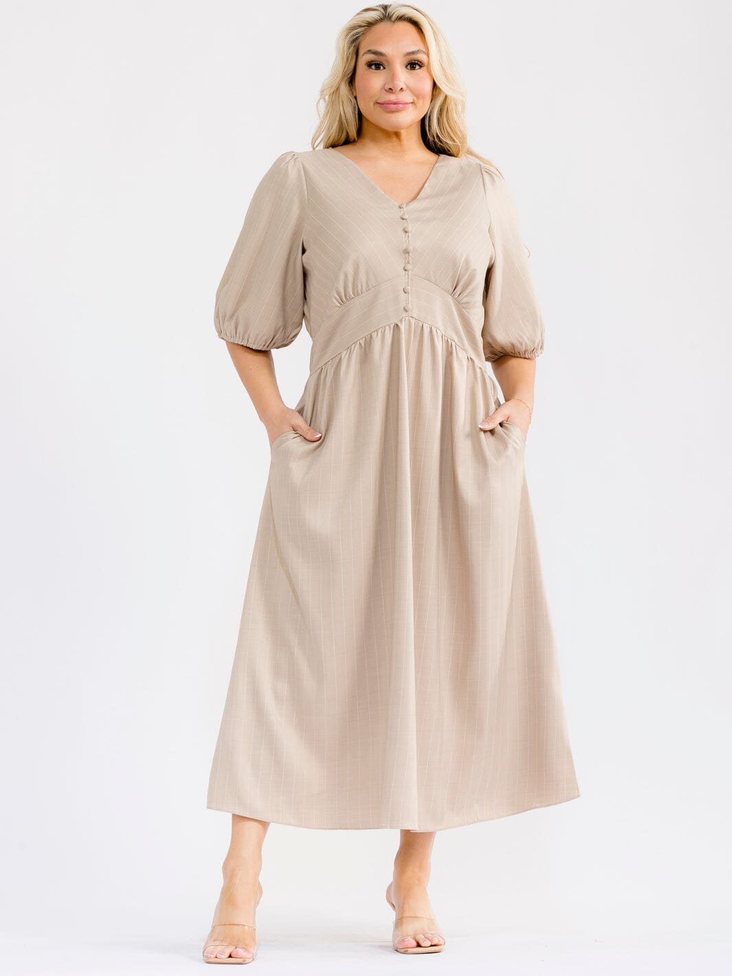 PLUS SIZE SHORT PUFF SLEEVE BUTTON UP FRONT POCKETS MAXI DRESS