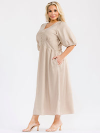 PLUS SIZE SHORT PUFF SLEEVE BUTTON UP FRONT POCKETS MAXI DRESS