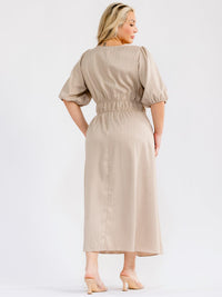 PLUS SIZE SHORT PUFF SLEEVE BUTTON UP FRONT POCKETS MAXI DRESS
