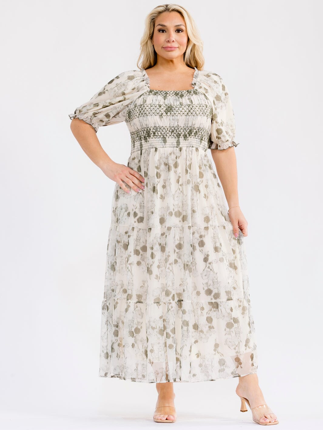 PLUS SIZE SHORT SLEEVE SQUARE NECK SMOCK FRONT POCKETS FLORAL MAXI DRESS