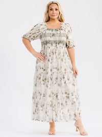 PLUS SIZE SHORT SLEEVE SQUARE NECK SMOCK FRONT POCKETS FLORAL MAXI DRESS