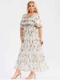 PLUS SIZE SHORT SLEEVE SQUARE NECK SMOCK FRONT POCKETS FLORAL MAXI DRESS