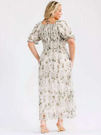 PLUS SIZE SHORT SLEEVE SQUARE NECK SMOCK FRONT POCKETS FLORAL MAXI DRESS