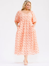 PLUS SIZE SHORT SLEEVE V-NECK FRONT POCKETS FLORAL MAXI DRESS