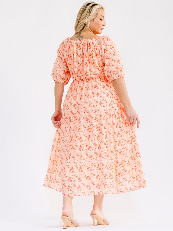 PLUS SIZE SHORT SLEEVE V-NECK FRONT POCKETS FLORAL MAXI DRESS