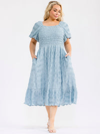 PLUS SIZE SHORT PUFF SLEEVE SMOCK FRONT POCKETS MAXI DRESS