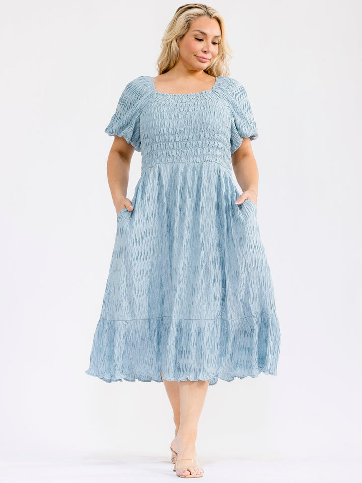 PLUS SIZE SHORT PUFF SLEEVE SMOCK FRONT POCKETS MAXI DRESS