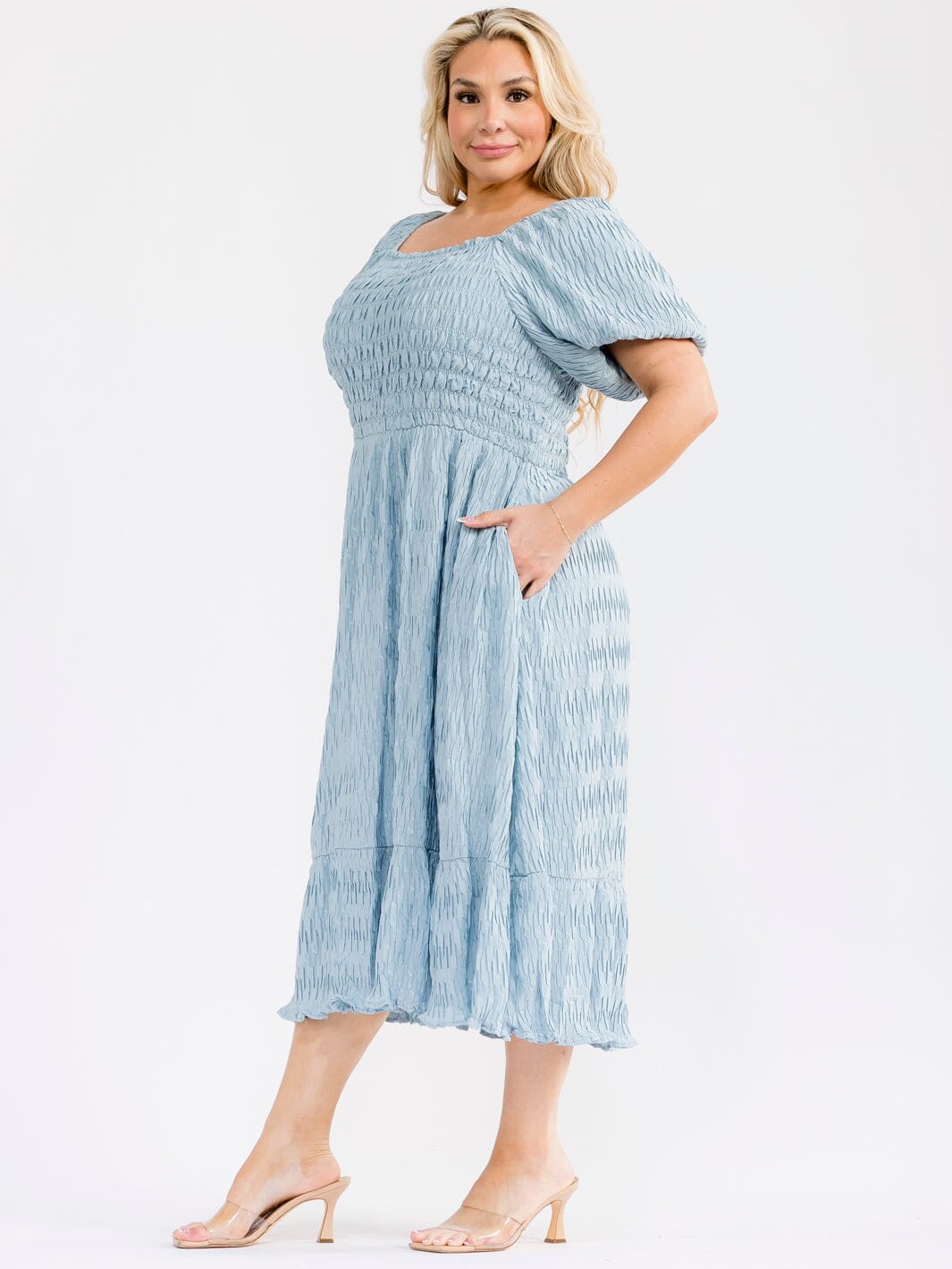 PLUS SIZE SHORT PUFF SLEEVE SMOCK FRONT POCKETS MAXI DRESS