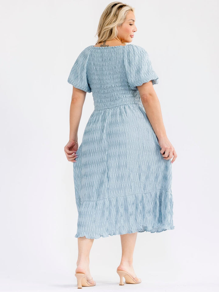 PLUS SIZE SHORT PUFF SLEEVE SMOCK FRONT POCKETS MAXI DRESS