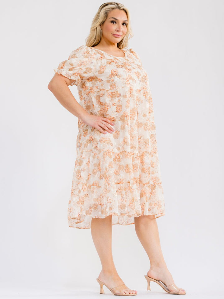 PLUS SIZE SHORT SLEEVE FRONT POCKETS FLORAL MIDI DRESS