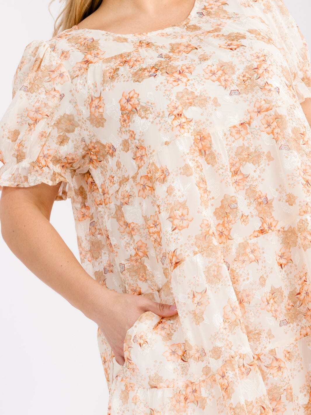 PLUS SIZE SHORT SLEEVE FRONT POCKETS FLORAL MIDI DRESS