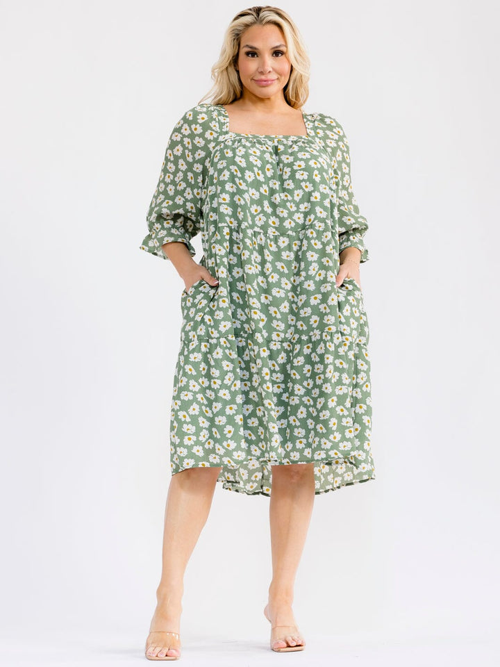 PLUS SIZE 3/4 SLEEVE SQUARE NECK FRONT POCKETS FLORAL MIDI DRESS