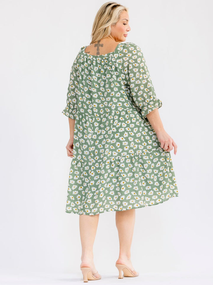PLUS SIZE 3/4 SLEEVE SQUARE NECK FRONT POCKETS FLORAL MIDI DRESS