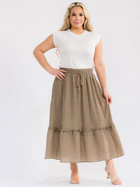 PLUS SIZE ELASTIC WAIST SELF TIE FRONT POCKETS RUFFLE BOTTOM HEM MAXI SKIRT