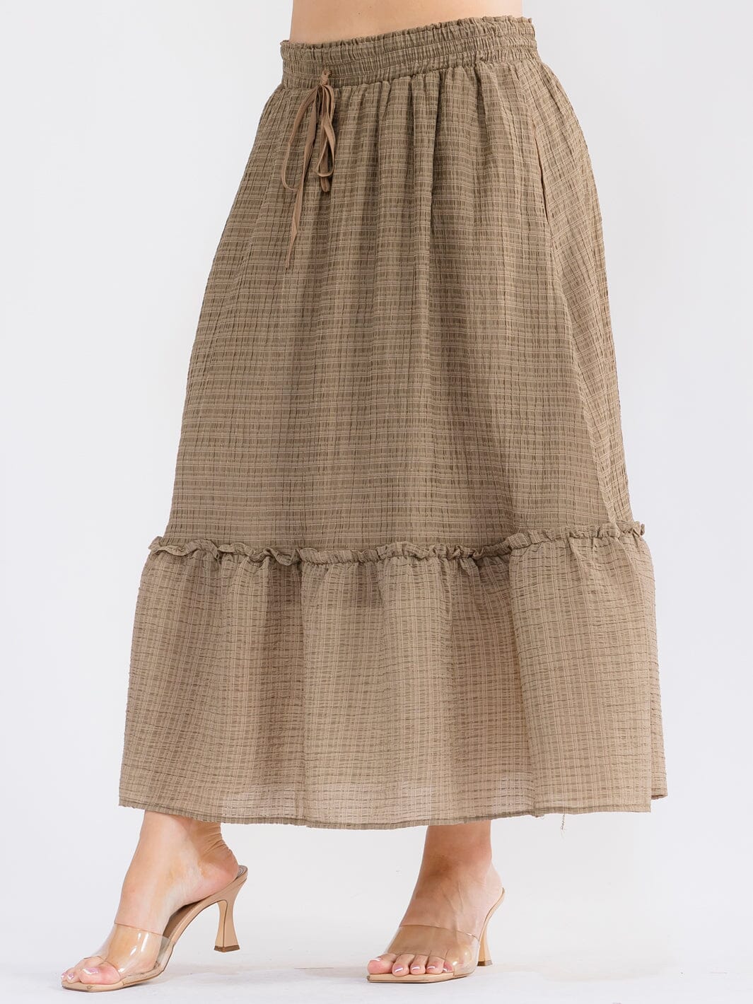 PLUS SIZE ELASTIC WAIST SELF TIE FRONT POCKETS RUFFLE BOTTOM HEM MAXI SKIRT