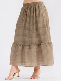 PLUS SIZE ELASTIC WAIST SELF TIE FRONT POCKETS RUFFLE BOTTOM HEM MAXI SKIRT