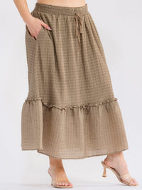 PLUS SIZE ELASTIC WAIST SELF TIE FRONT POCKETS RUFFLE BOTTOM HEM MAXI SKIRT