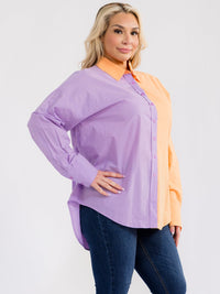 PLUS SIZE LONG SLEEVE BUTTON UP HIGH-LOW COLORBLOCK BLOUSE