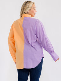 PLUS SIZE LONG SLEEVE BUTTON UP HIGH-LOW COLORBLOCK BLOUSE