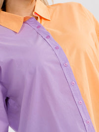 PLUS SIZE LONG SLEEVE BUTTON UP HIGH-LOW COLORBLOCK BLOUSE
