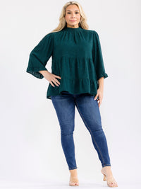 PLUS SIZE LONG SLEEVE MOCK NECK TIERED TUNIC SHIMMER BLOUSE