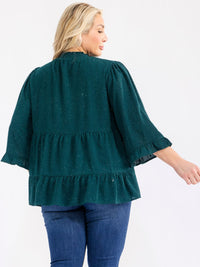PLUS SIZE LONG SLEEVE MOCK NECK TIERED TUNIC SHIMMER BLOUSE