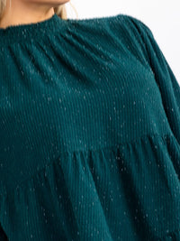 PLUS SIZE LONG SLEEVE MOCK NECK TIERED TUNIC SHIMMER BLOUSE