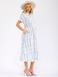 WOMEN'S SHORT SLEEVE BUTTON UP SELF TIE FRONT POCKETS MULTI MAXI DRESS