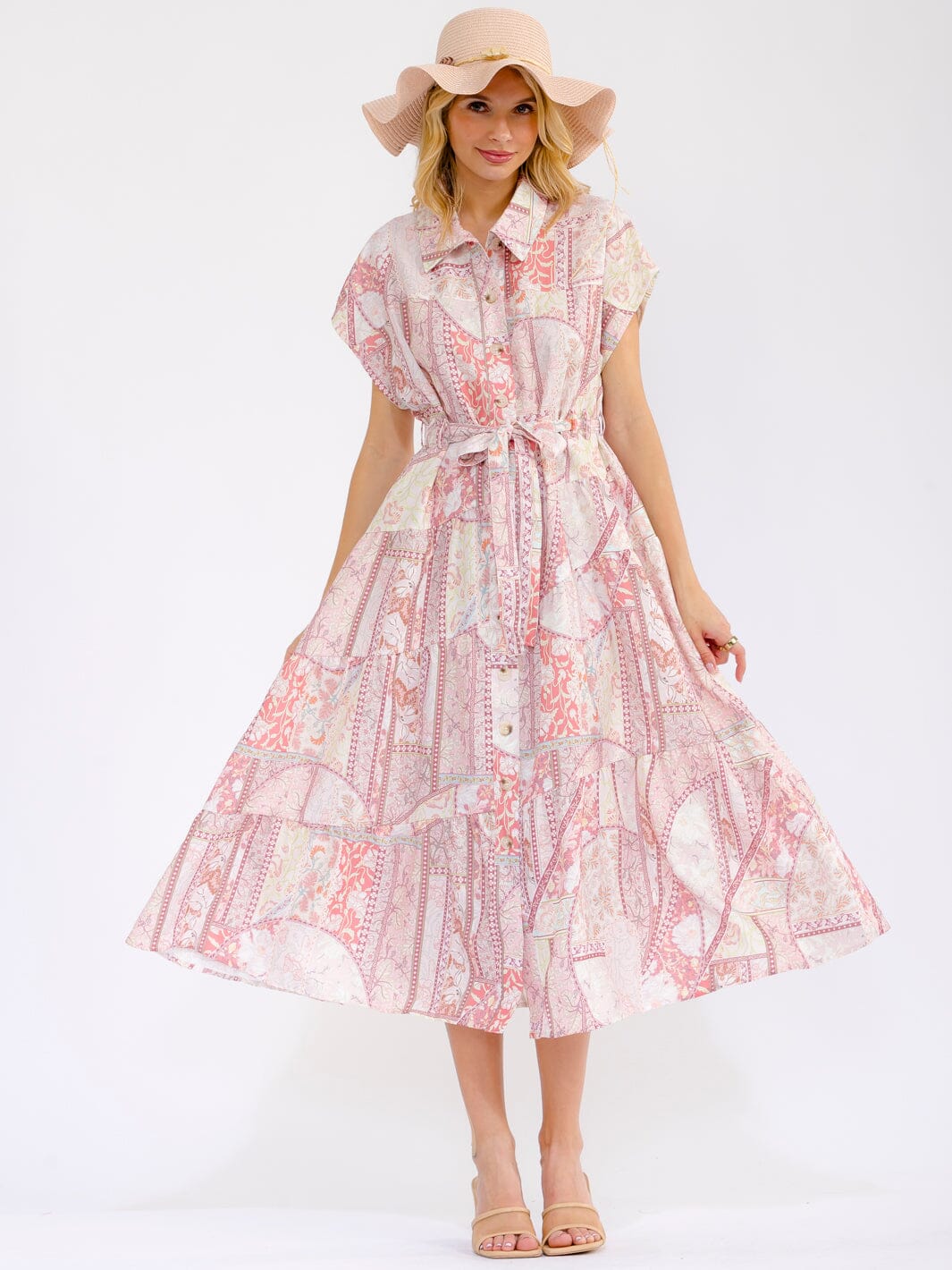 WOMEN'S SHORT SLEEVE BUTTON UP SELF TIE TIERED FLORAL MAXI DRESS