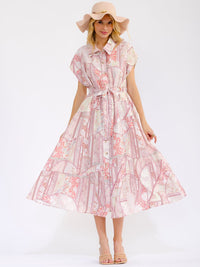 WOMEN'S SHORT SLEEVE BUTTON UP SELF TIE TIERED FLORAL MAXI DRESS