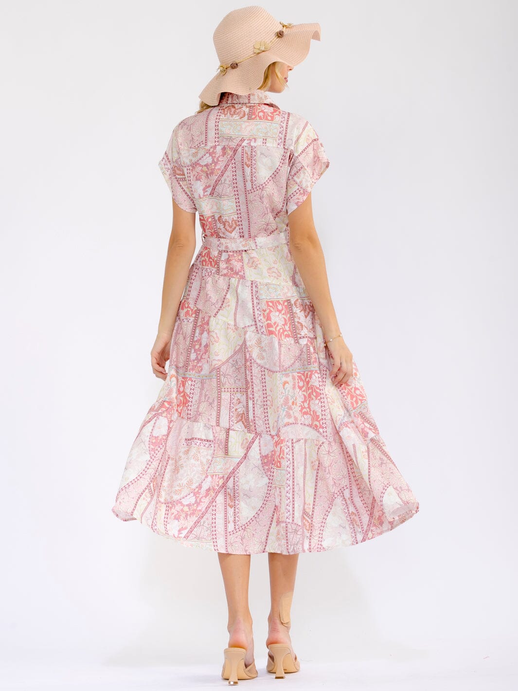 WOMEN'S SHORT SLEEVE BUTTON UP SELF TIE TIERED FLORAL MAXI DRESS