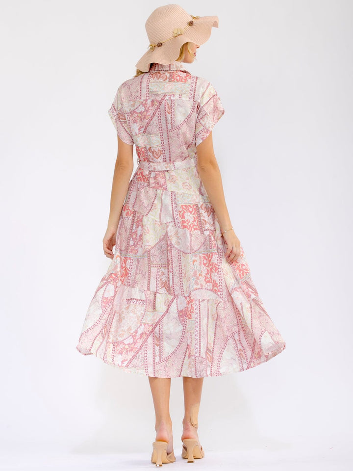 WOMEN'S SHORT SLEEVE BUTTON UP SELF TIE TIERED FLORAL MAXI DRESS