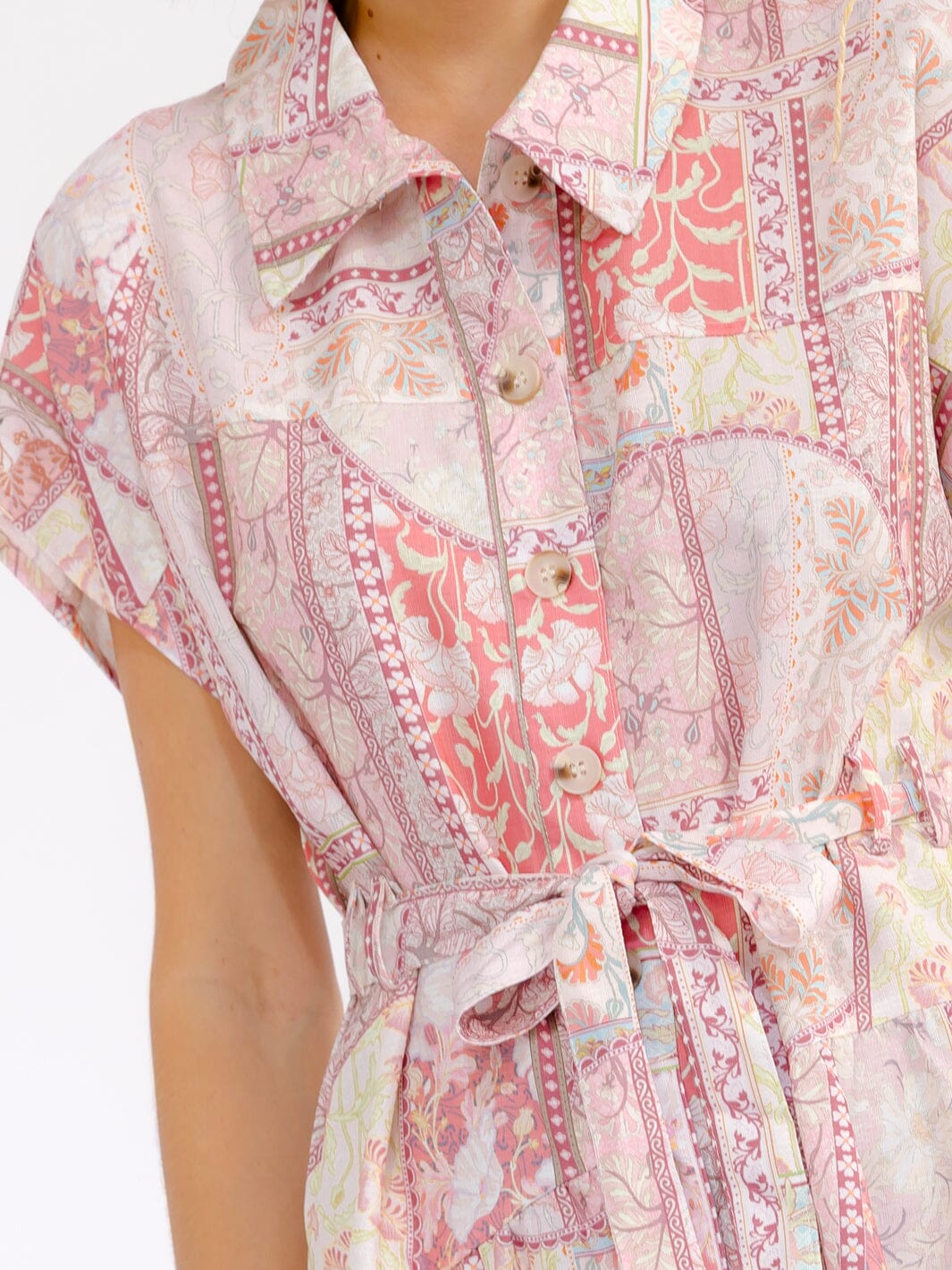 WOMEN'S SHORT SLEEVE BUTTON UP SELF TIE TIERED FLORAL MAXI DRESS