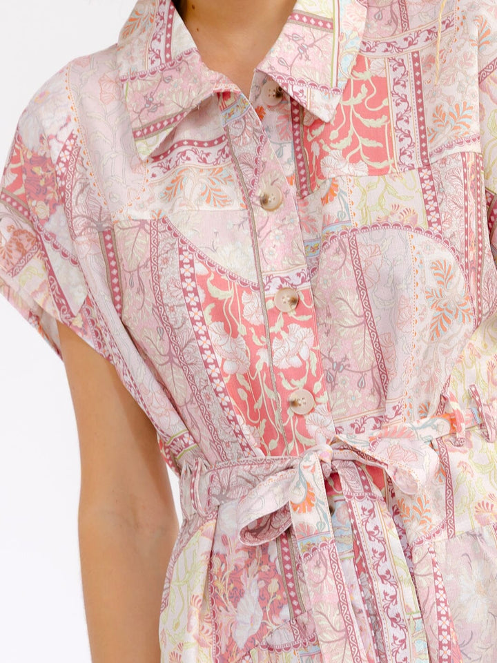 WOMEN'S SHORT SLEEVE BUTTON UP SELF TIE TIERED FLORAL MAXI DRESS