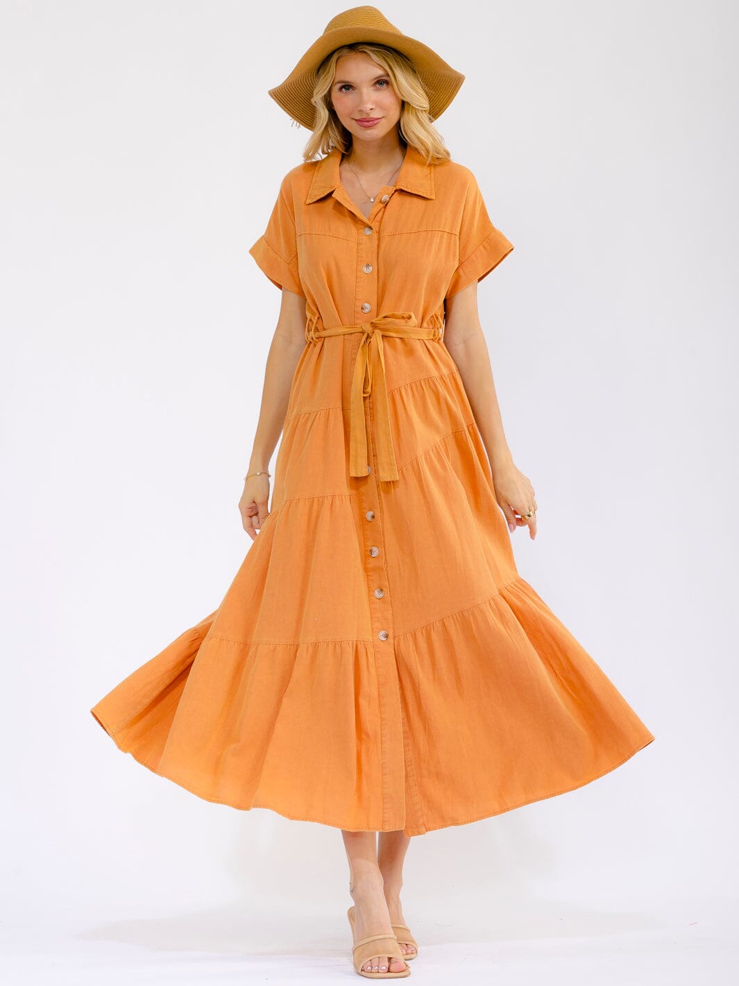 WOMEN'S SHORT SLEEVE BUTTON UP SELF TIE TIERED WASHED DENIM MAXI DRESS