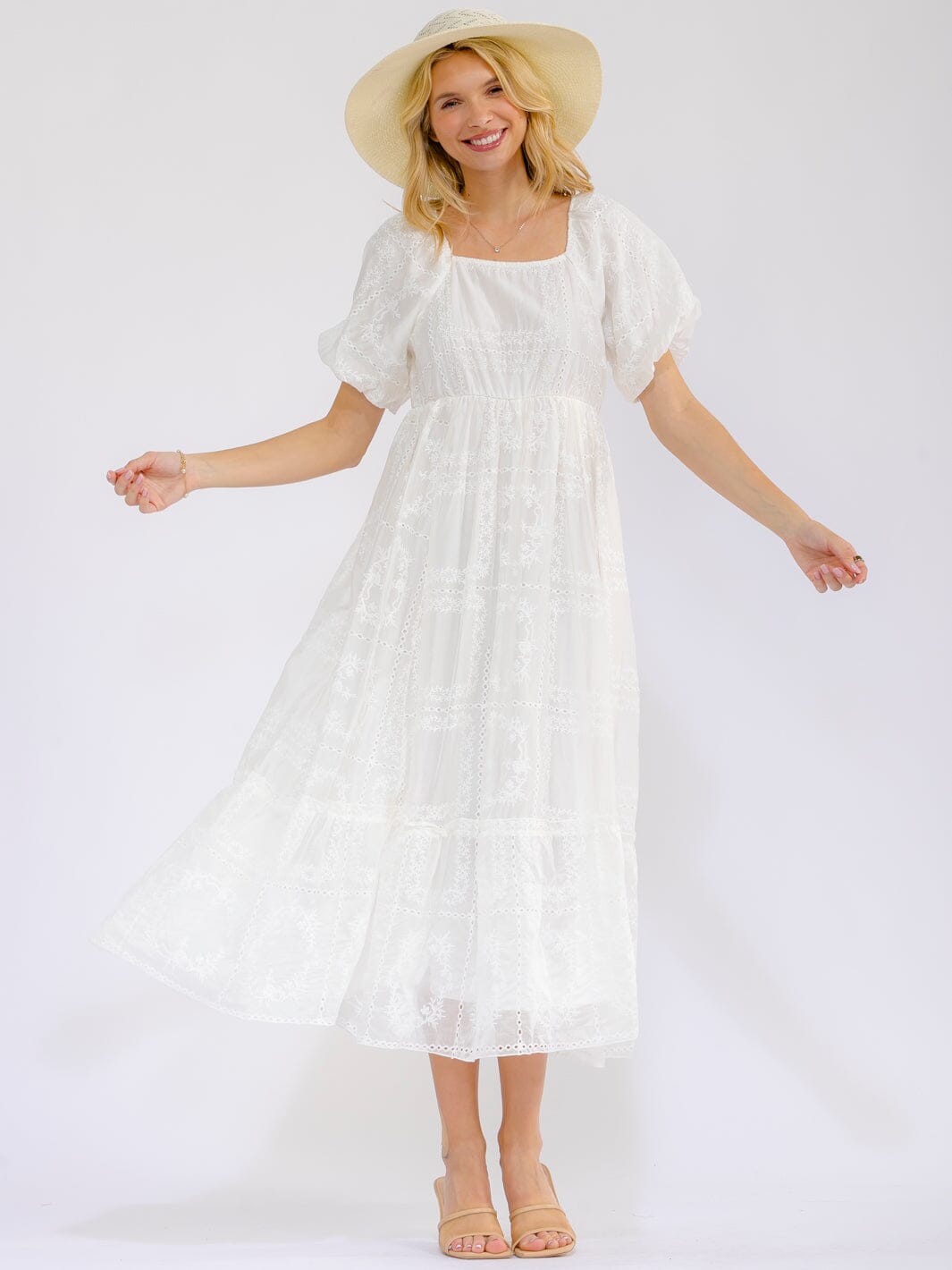 WOMEN'S SHORT PUFF SLEEVE SQUARE NECK ELASTIC WAIST EYELET MAXI DRESS